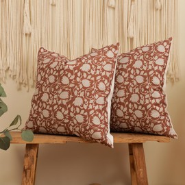 EMWEYKE Set of 2 Block Print Pillow Cover,20x20 Inch Floral Pillow Covers Boho Vintage Couch Pillows for Living Room Farmhouse Neutral Decorative Throw Pillow Covers for Sofa Bedroom, Brownish