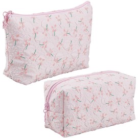 CABODYALS 2Pcs 2 Styles Pink Cute Floral Makeup Bag Set Quilted Zipper Make Up Portable Storage Toiletry Organizer Cloth Clutch Bags Polyester Flower Cosmetic Pouch for Women Travel Accessories