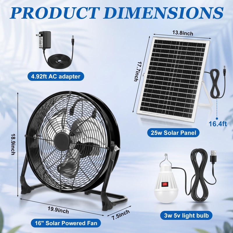 Hortsun 1 Set 16" 15600mah Solar Powered Floor Fan for