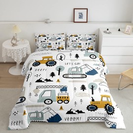Feelyou Cartoon Car Kids Comforter Set Construction Bedding Set for Boys Toddler Decor Equipment Trucks Comforter Cartoon Car Excavator Tractor White Yellow Duvet Set Bedroom Quilt Set 3Pcs King
