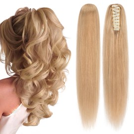 TESSHAIR Claw Clip In Ponytail Extension, 100% Human Hair Ponytail Extension, No Tangle & Smooth, 115g, 18 Inch #Dark Blonde