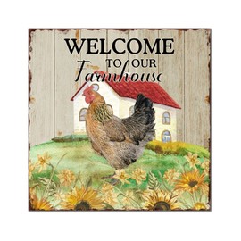 Welcome to Our Rooster Farmhouse Wooden Sign Vintage Farm Harvest Wall Plaque Happy Thanksgiving Wall Art Sign Wall Decor Farmhouse Rustic Wooden For Home Family Living Room Bedroom 14x14in