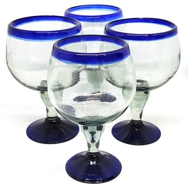 MexHandcraft Cobalt Blue Rim 24 oz Shrimp Cocktail Chabela Glasses (set of 4), Mexican Handmade Glassware, Recycled Glass, Lead & Toxin Free (Chabela)