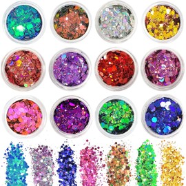 12 Colors Festival Glitter, Nail Glitter Powder, Holographic Cosmetic Glitter for Face Body Eye Hair Nail and DIY Art