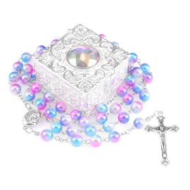 WHLHMK Rosary Beads Catholic for Women With Vintage Jewelry Box, Holy Land Rosary Necklace with Metal Gift Box, First Communion Rosary for Girls and Boys Anglican Prayer Beads Catholic Gifts