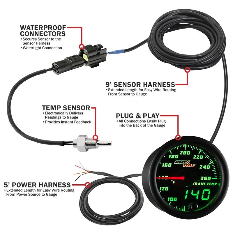 MaxTow Double Vision 260F Transmission Temperature Gauge Kit - Includes