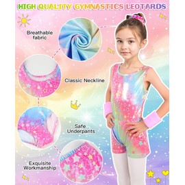 TOSZOLY Girls' Gymnastics Leotard, Girls' Sleeveless Set with Shorts, Headband and Sweatband, Ballet Clothing for Children 4-9 Years, Top and Shorts Set, 130