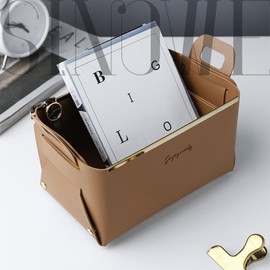 Decorative Faux Leather Basket,Small Catchall Basket for Entryway Bedside Dresser End table,Foldable Rectangle Tray Organizer Box (Brown)