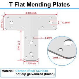 Shimeyao 12 Pcs T Post Bracket Flat Tee Mending Plate Silver Strong T Repair Straps Multiple Holes Bracket for Wood, Furniture, Timber Connector, Truss Framing Thickness 3/32" Silver, Galvanized Steel