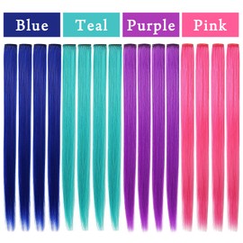 FAIRY COLOR Pack of 16 Princess Coloured Hair Extensions, Multi-Coloured Party Highlights, Synthetic Clip-On Hairpieces, Coloured Hair Extensions (Blue Purple Teal Pink)