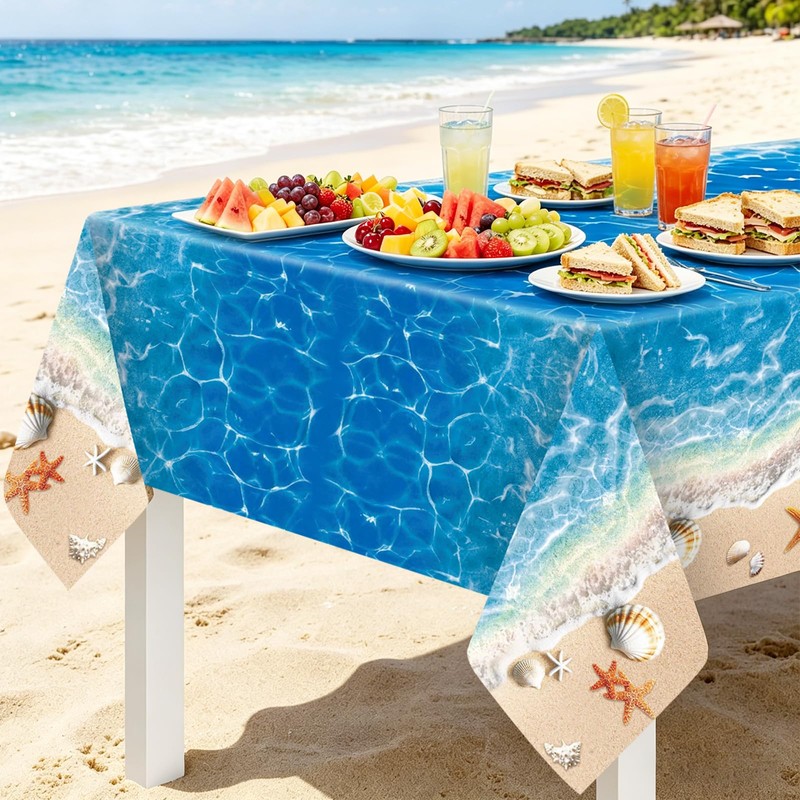 Herytem 3-Piece 54 x 108 Inch Summer Beach Plastic Tablecloth