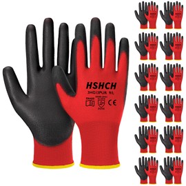 HSHCH Safety Work Gloves PU Coated for Men and Women, 12 Pairs, Flexible and Durable Seamless Knit Gloves, Breathable and Lightweight, Red