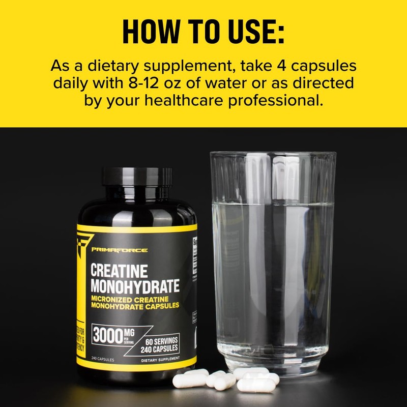 Primaforce Creatine Monohydrate Capsules - 240 Capsules, 3,000mg per Serving,