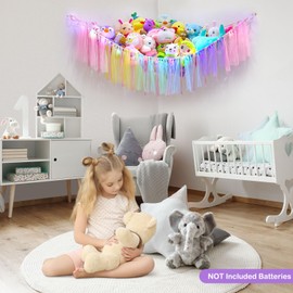 MHJY Toy Hammock Stuffed Animals Storage Net Soft Cuddly Toys Large Corner Hanging Net With LED Light Hand Woven Plush Macrame Organizer with Tassel for Kids Bedroom Nursery