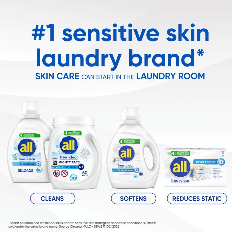 All Mighty Pacs Laundry Detergent, Free Clear for Sensitive Skin,