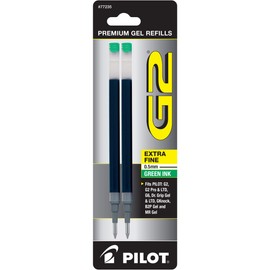Refills for G2 Gel, Dr. Grip Gel, ExecuGel Roller, Extra Fine, Green Ink, 2/PK