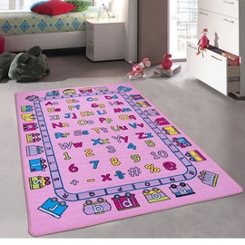 CR’s Kids/Baby Room/Daycare/Classroom/Playroom Girl’s Area Rug. Alphabet. Train. Letters. Numbers. Educational. Fun. Pink. Purple. Non-Slip Back. Bright Colorful Colors (8 Feet X 10 Feet)