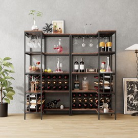 IRCPEN Large Corner Wine Rack 5 Tier L Shaped Industrial Freestanding Floor Bar Cabinets, Liquor Storage Shelf with Hanging Wine Glass Holder and Fences, for Living Room, Home Bar and Dining Room