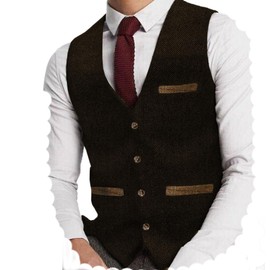 Yiaisafa Men's Tweed Suit Vest Hunting Herringbone Vest Vintage Retro Wool Wedding Groom Gilet S-3XL, coffee
