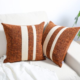 Howdy Textile Set of 2 Brown Patchwork Throw Pillow Covers Linen Farmhouse Square Cushion Cases Woven Decorative Faux Leather Pillowcases Home Decoration for Couch Sofa Bedroom Chair 18 x 18 Inch