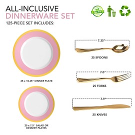 125-Piece White, Pink, and Gold Fancy Plastic Plates Disposable with Silverware, Elegant Dinnerware for Weddings, Holiday Party China, Set of 25 Dinner + Salad Plates, 25 Spoons, 25 Forks, 25 Knives