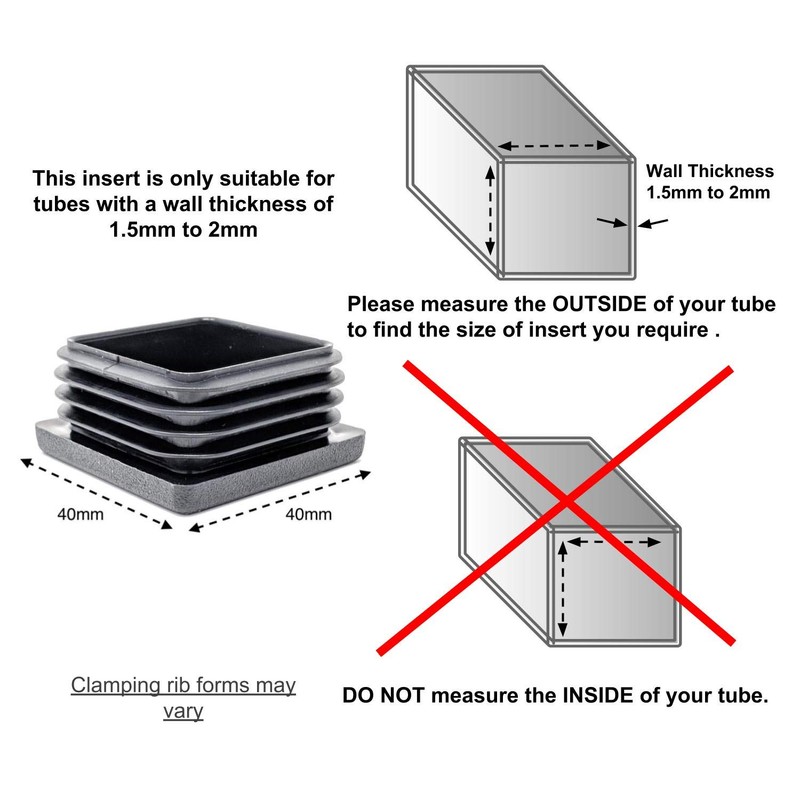 40x40mm Plastic End Caps, Square Tube Inserts (Pack of 4,