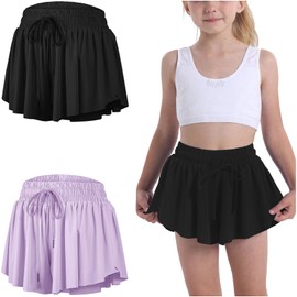 Flowy Butterfly Shorts for Girls 2-in-1 Athletic Running Skirt Shorts Cheer Tennis Dance Preppy with Spandex Liner, 2 Pack(black, Light Purple), Small