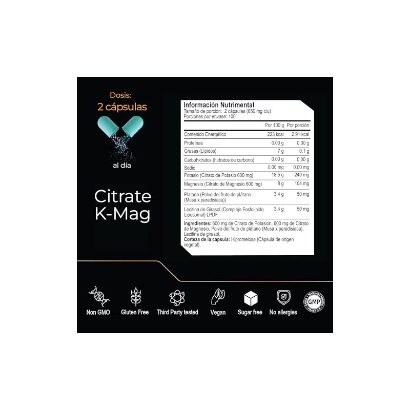 ETERNAL NUTRITION Ultra Pure: Citrato de Magnesio y Potasio (200