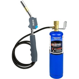 BLUEFIRE HZ-8394 Self Igniting 3' Hose Gas Welding Torch With Handy Clip and Propane Cylinder Super Swirl Flame Hand Held Portable Blowtorch Nozzle Fuel by MAPP MAP Pro