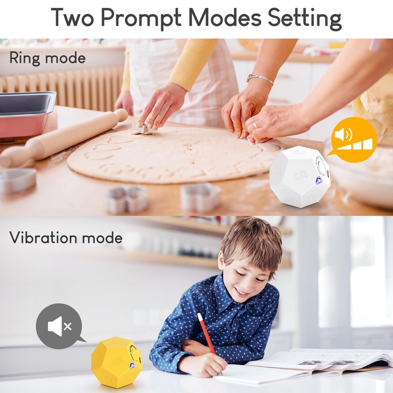 Yellow Pomodoro Timer - 11 Preset Productivity Cube, Ring/Vibrate Mode,