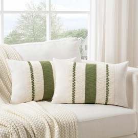 Fancy Homi Set of 1 Boho Moss Green Lumbar Decorative Throw Pillow Cover 12x20 Inch for Couch Bed Sofa Chair, Modern Organic Farmhouse Home Decor, Soft Cotton Cute Accent Rectangle Cushion Case