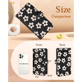 Bistup 【46 Slots Credit Card Holder for Women Ladies Female Teen Girls Rfid Genuine Leather Cardholder Large Capacity Size Big Billfold Wallets Black Flower Cute Girly Aesthetic Print Unique