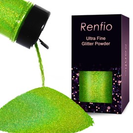 Renfio Holographic Ultra Fine Glitter Powder Metallic Resin Glitter 2.11 Oz (60g) PET Flakes Crafts Sequins 1/128" 0.008" 0.2mm Epoxy Chips Flakes for Tumblers Slime - Laser Light Green