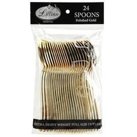 Plastic Cutlery Silverware Extra Heavyweight Disposable Flatware, Full Size Plastic Spoons Like Gold, 24 Pack