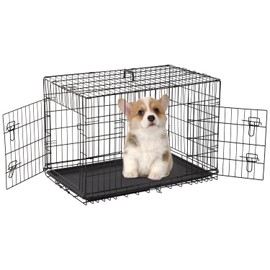 FDW Dog Crate for Medium Dogs 30 Inch Folding Metal WirePet Cage Double Door W/Divider Panel Indoor Outdoor Kennel Leak-Proof Plastic Tray,Black