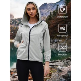 PITINAN Windbreaker Jackets for Women Outdoor Raincoat With Hood Lightweight Waterproof Jacket With Pockets Grey M