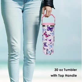 mvhsuoem 30 oz Butterfly Flip Straw Tumbler with Top Handle for Butterfly Lover Resuable Vacuum Insulated Flip Top Water bottle for Home Office Car Butterfly