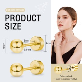 ZDE Women Flat Back Ball Stud Earrings Titanium Hypoallergenic 14K Gold Earrings Stud for Sensitive Ears 4mm Flat Stud Earring for Helix Tragus Cartilage (Gold, 4MM)