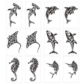 12 Sheets Temporary Tattoos for Men Adults, Maori Stingray Shark Whale Hippocampus Polynesian Tribal Hawaiian Fake Tattoo for Neck Arm Hands Leg