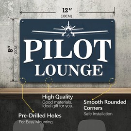 Letnspk Pilot Lounge Sign - Vintage Airplane Aviation Wall Decor Art Accessories, Retro Metal Tin Sign for Man Cave, Garage, Boys Room, Flight Club, Cool Stuff Gift for Men Boy, 12 x 8 Inch