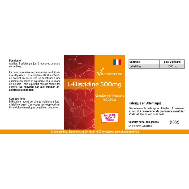 L-Histidine 500 mg - 180 Capsules - Vegan - High