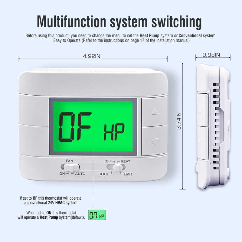 Garystat Non-Programmable Heat Pump Thermostat for House 2 Heat/1 Cool,