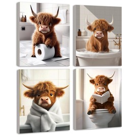 KUVIOKE Cute Highland Cow Bathroom Framed Wall Art Funny Animal Rustic Bathroom Canvas Prints Restroom Farmhouse Ready to Hang Set of 4, 8x10in (Framed)