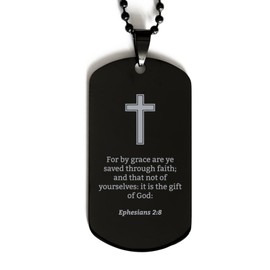 Ephesians 2 8 Necklace - Ephesians 2:8 Bible Verse Dog Tag Necklace for Men - Christian Bible Gifts for Women - Scripture with Cross - Religious, Inspirational Gifts for Him Her