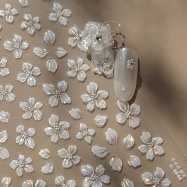 1 Sheet Floral Nail Stickers 5D Embossed Flower Nail Decals White Jelly Floral Design Self-Adhesive Flower Stickers for Nails Spring Nails Deals DIY Manicure Nail Art Decoration