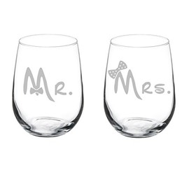 Set of 2 Wine Glasses Wedding Married Couple Mr. Mrs. Bows (17 oz Stemless)
