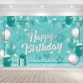 RUMIA Teal Birthday Banner Turquoise and Silver Birthday Party Decorations Mint Blue Birthday Backdrop for Girls Boys Breakfast Blue Glitter Silver Birthday Baby Shower Party Supplies71 x 44 Inch