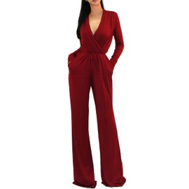 Vivicastle Women's USA Sexy Wrap Top Wide Leg Long Sleeve Cocktail Knit Jumpsuit (Small, Burgundy)