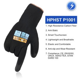 HPHST Work Gloves P1001PRO Anti-Static Gloves for Computer Installation & Repair, High Resistance Carbon Fiber Gloves (Black(pack of 12), Large)