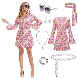 70s Disco Outfits Hippie Clothes Dress,7 PCS 70s Outfits Costume for Women Necklace Earrings Glasses Bracelet and Waist Chain (Pink, Large)